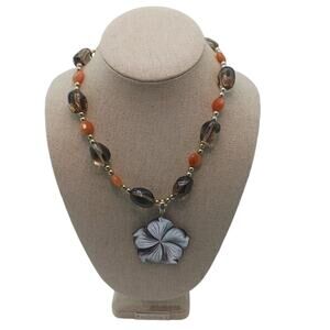 Vintage Womens Flower Pendant Beaded Necklace 925 Sterling Silver Glass Boho